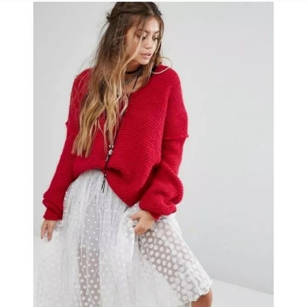 Free People All Mine Oversized‎ V Neck Knit Sweater Magenta Alpaca Blend Small
